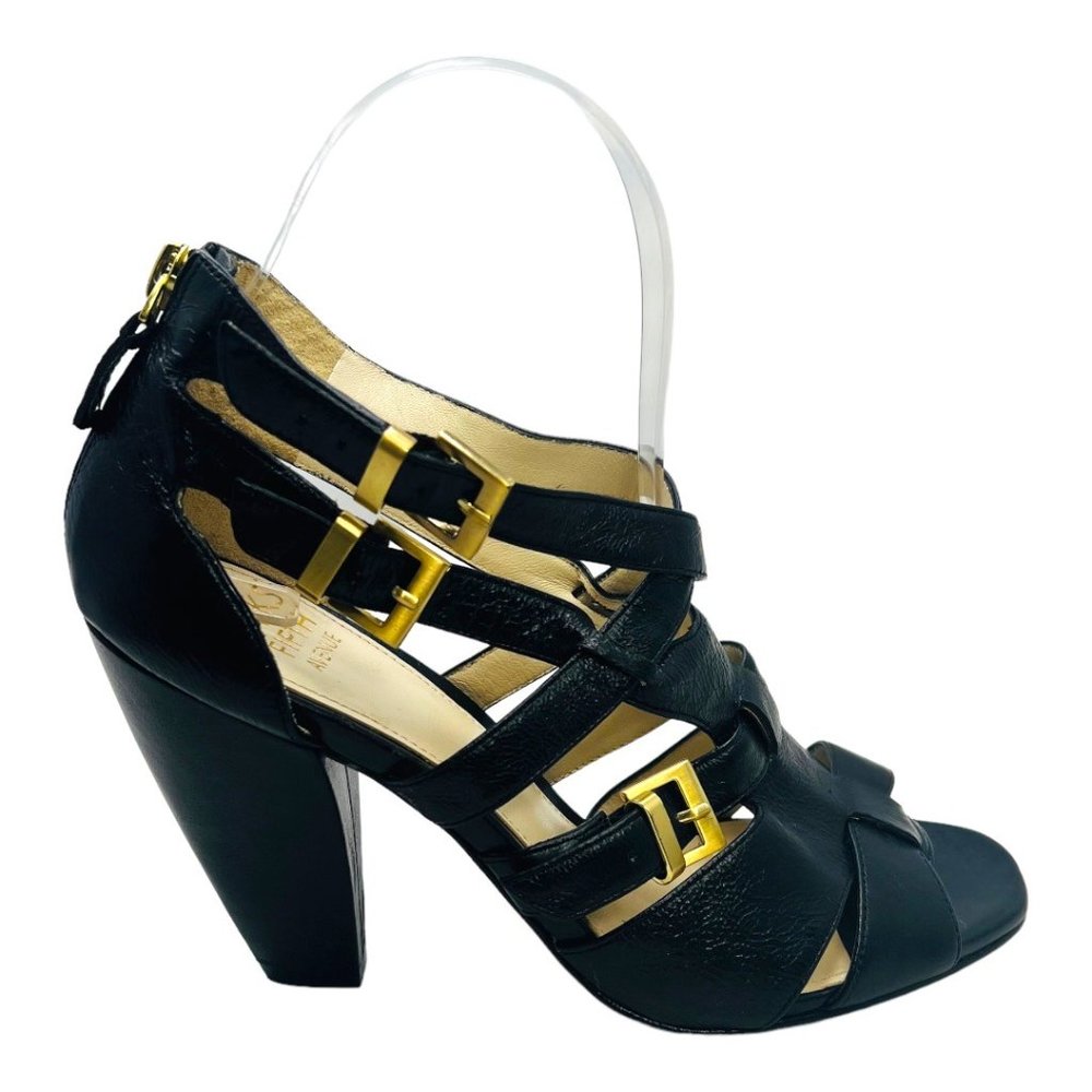 Saks Fifth Avenue Lyle Black Leather Heels Strappy Zip Open Toe Pumps 6.5M - Picture 5 of 13